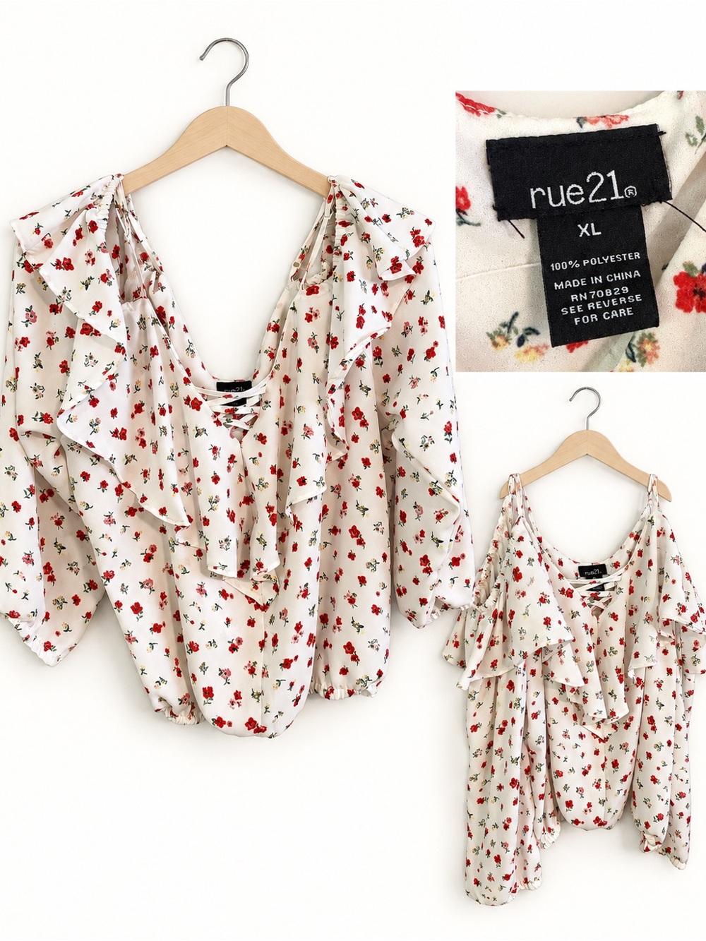 rue21 Cream Floral Ruffle Cold-Shoulder Blouse with Red Print